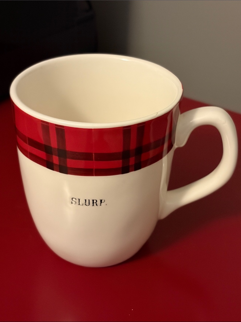 Rae Dunn SLURP. White Ceramic Mug with Red Black Plaid Band Holiday